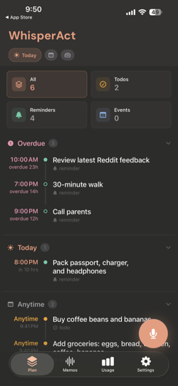 WhisperAct Plan tab (Today) — overdue and due-today reminders on a timeline