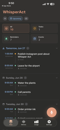 WhisperAct Plan tab (Upcoming) — scheduled reminders and events grouped by day